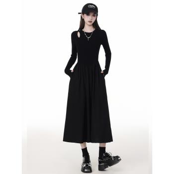 黑色長袖連衣裙女韓版2025春季新款設計感小眾收腰顯瘦針織長裙