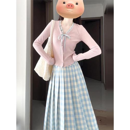 法式粉色長袖連衣裙子女早春季2025新款miu里miu氣質穿搭一整套裝