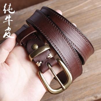 手工復古女士銅扣牛仔褲百搭皮帶女夏頭層牛皮真皮腰帶ins風針扣