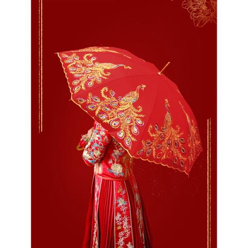 紅傘結婚新娘傘婚禮傘紅色出嫁雨傘中式古風迎親接親傘新娘喜雨傘