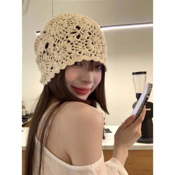 日系手工編織包頭帽子女春秋薄款鏤空毛線帽復古文藝針織帽堆堆帽