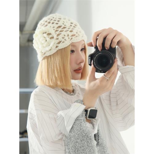 鄭多金原創設計~手工立體鉤花鏤空包頭帽女時髦優雅個性針織冷帽