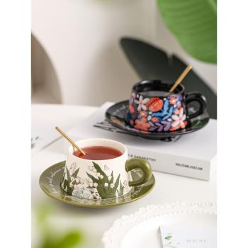 復古油畫鈴蘭花開咖啡杯碟手繪下午茶杯子陶瓷套裝高階感伴手禮物