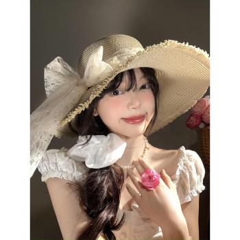 蕾絲蝴蝶結草帽女夏季法式大帽簷遮陽防曬帽海邊沙灘度假太陽帽子