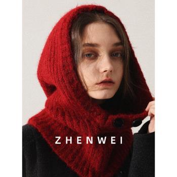 羊毛巴拉克拉法帽安克拉紅色針織大頭圍毛線帽子女冬圍脖連帽圍巾