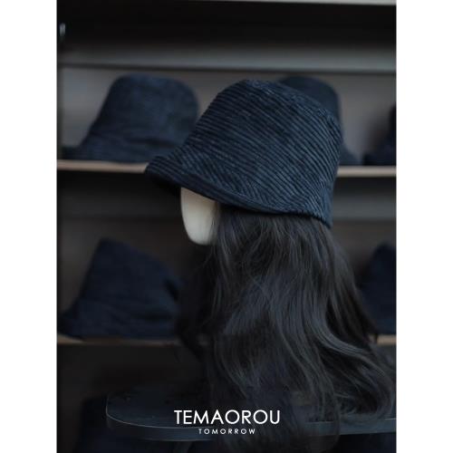 日系秋冬新款燈芯絨藏青色漁夫帽子女休閑時尚百搭款盆帽文藝復古