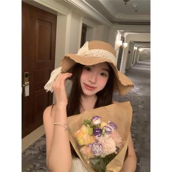馨幫幫 法式防曬遮陽帽子甜美漁夫帽透氣蕾絲蝴蝶結大帽簷草帽女