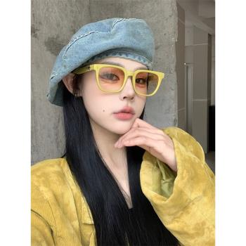 韓版夏季黃框漸茶色方形墨鏡女潮高階感ins網紅方圓臉顯瘦太陽鏡