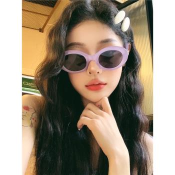 復古圓框墨鏡紫色多巴胺辣妹眼鏡偏光防紫外線近視太陽鏡女方圓臉