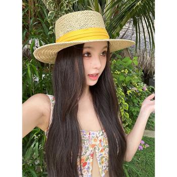 法式鏤空平頂草帽女款夏季海邊度假防曬遮陽帽大帽簷草編太陽帽子