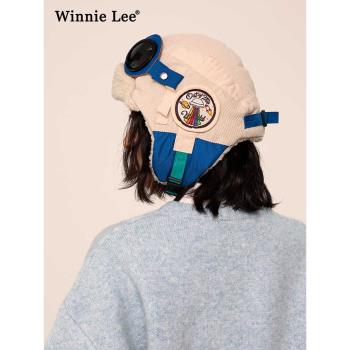 Winnie Lee小眾飛行員帽子男女同款冬季拼接眼鏡雷鋒帽保暖滑雪帽