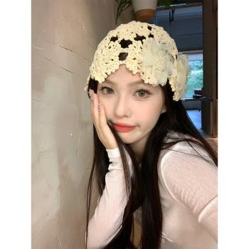 韓系鏤空珍珠花朵手工針織包頭帽女夏季薄款甜美可愛洋氣小眾帽子