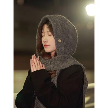 時髦疊穿披肩帽子圍巾一體針織帽女秋冬保暖高階感包頭圍脖外搭