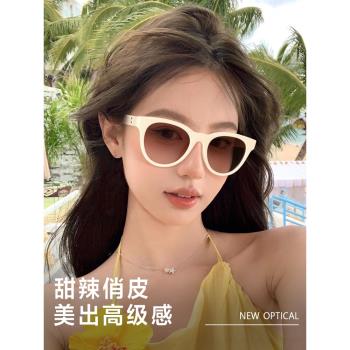 白色墨鏡女款2025新款復古圓框太陽鏡適合方圓臉眼鏡防紫外線海邊