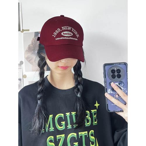 棒球帽女春夏顯臉小防曬鴨舌帽ins潮圓頂酒紅色休閑百搭太陽帽子