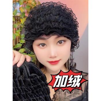 秋冬季新款遮白發中老年人帽蕾絲假發帽時尚包頭帽加絨加厚帽子女