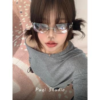 韓版jennie同款無框y2k千禧辣妹風墨鏡女款潮時髦高階感太陽鏡夏