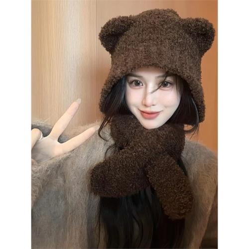 秋冬咖啡色小熊耳朵毛絨帽可愛交叉圍巾一體針織帽防風護頸圍脖帽