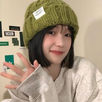 2024年帽子女粗針織毛線帽秋冬季百搭大頭圍綠色寬松ins潮顯臉小