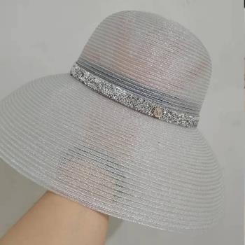 新款防曬銀絲遮陽帽女夏潮百搭可折疊草帽夏季沙灘出遊圓頂時尚帽