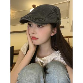 日系復古牛仔前進帽女夏季水洗做舊百搭文藝貝雷帽顯臉小報童帽子
