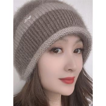 冬季新款針織時尚百搭撞色條紋2302蓓蕾女帽雙層加厚保暖舒適柔軟