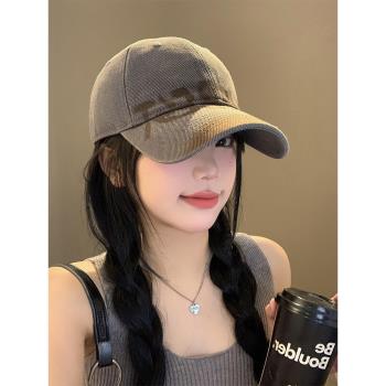 水洗做舊字母棒球帽女美式復古大頭圍鴨舌帽顯臉小寬帽簷軟頂帽子