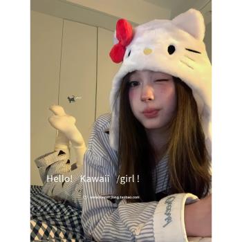 可愛hellokitty紅色帽子保暖頭套女哈嘍kt貓毛絨冷帽騎車護耳日系