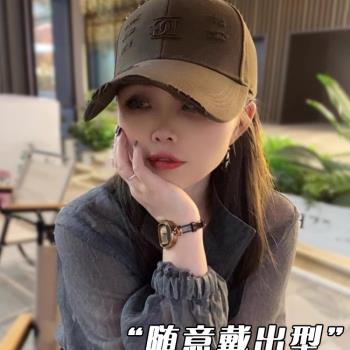 秋冬季韓版百搭顯臉小棒球帽子女立體字母刺繡做舊破洞時尚鴨舌帽