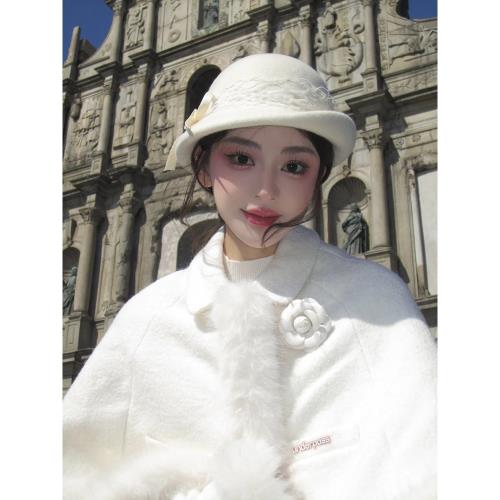 羊毛蕾絲蝴蝶結禮帽女秋冬法式白色貝雷帽千金赫本復古氈帽盆帽子