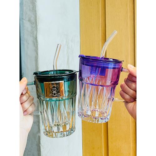 歐式家用鉆石杯電鍍彩色玻璃水杯加厚環保無鉛帶把防燙吸管杯子