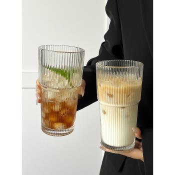 ins風大容量帶蓋帶吸管豎條紋玻璃杯高顏值冷飲杯果汁咖啡杯水杯