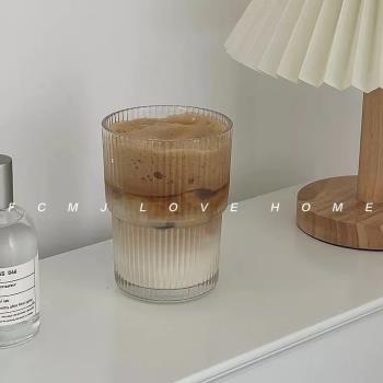 ins豎條紋玻璃咖啡杯帶蓋帶吸管水杯家用高顏值冰美式拿鐵牛奶杯
