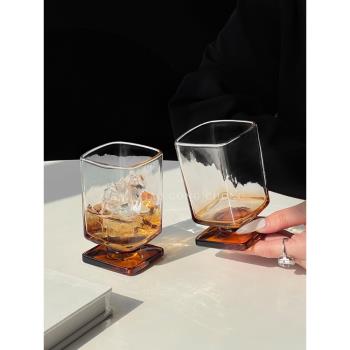 中古風美拉德方形矮腳杯ins風玻璃杯果汁杯冰美式咖啡杯雞尾酒杯