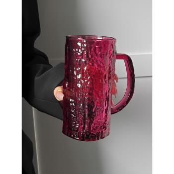 玫紅樹紋帶把手玻璃ins風大容量夏家用喝水杯啤酒杯果汁杯冷飲杯