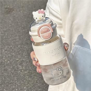 hellokitty玻璃水杯高硼矽耐高溫女生ins雙飲帶刻度防燙吸管杯