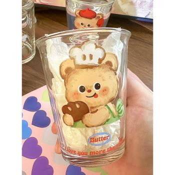 可愛卡通玻璃杯小眾設計黃油麵包熊咖啡杯高顏值水杯好看的早餐杯