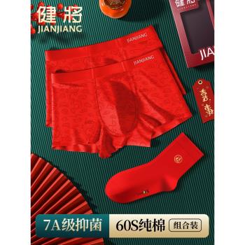 健將男士紅內褲屬龍男生本命年純棉抗菌四角褲大紅色男款短褲襪子