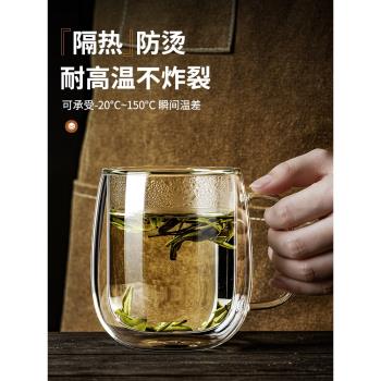 雙層隔熱玻璃杯帶把手咖啡杯子家用喝水耐高溫防燙馬克水杯綠茶杯