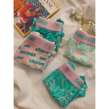 卡通綠粉撞色內褲男純棉秋款透氣潮流可愛平角青年男生四角褲短褲