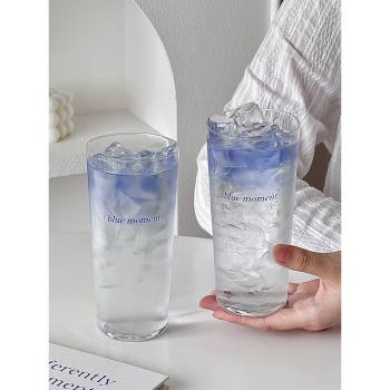 超薄斜身玻璃杯簡約藍色字母調酒杯長飲柯林杯雞尾酒牛奶咖啡杯子