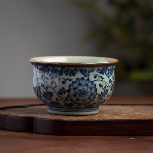 景德鎮老陶泥纏枝蓮主人杯純手繪茶杯全手工青花單杯柴窯陶瓷柴燒