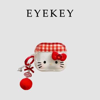 eyekey 卡通格紋蝴蝶結Kitty貓咪適用AirPods1/3保護殼蘋果airPods4無線藍芽airpodspro2第二代耳機套新三四