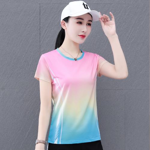 冰絲速干衣短袖t恤女2025新款夏季薄款中年媽媽時尚運動短款上衣