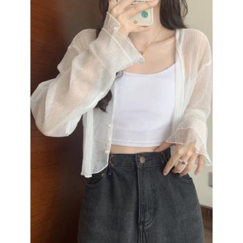 白色薄紗冰絲防曬開衫女夏季短款披肩外搭罩衫法式獨特別致小上衣