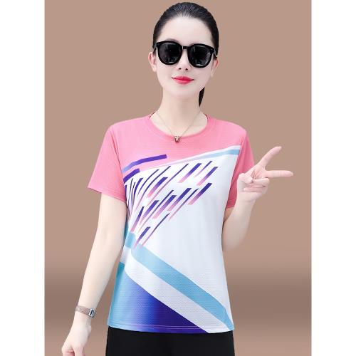 冰絲速干衣短袖t恤女士夏季薄款2025新款時尚媽媽裝運動透氣上衣