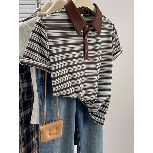 韓版撞色條紋設計感上衣百搭polo領時尚短袖新款冰絲針織衫t恤女