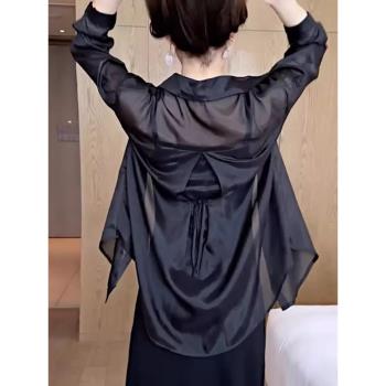 黑色冰絲防曬襯衫女夏季薄款外套吊帶外搭長袖襯衣中長款上衣大碼