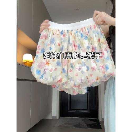 彩色花苞裙褲女2025新款夏季薄款高腰寬松闊腿休閑小個子冰絲短褲