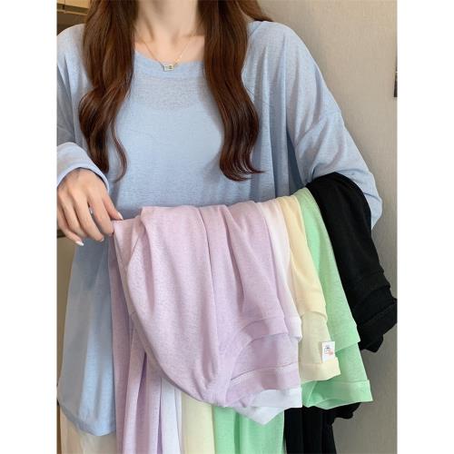 大碼胖mm夏季韓版百搭薄款罩衫女冰絲長袖防曬寬松慵懶風T恤上衣